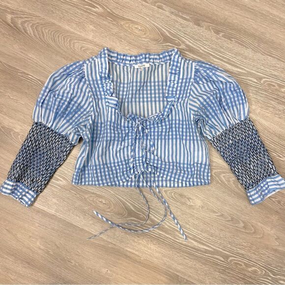 GANNI Blue Plaid Charron Top Crop Longs sleeves blouse Deawstring Front - Picture 3 of 9